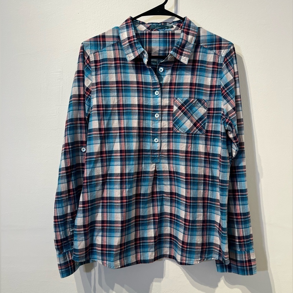 prAna Organic Cotton Blue White Red Plaid Shirt Size Medium